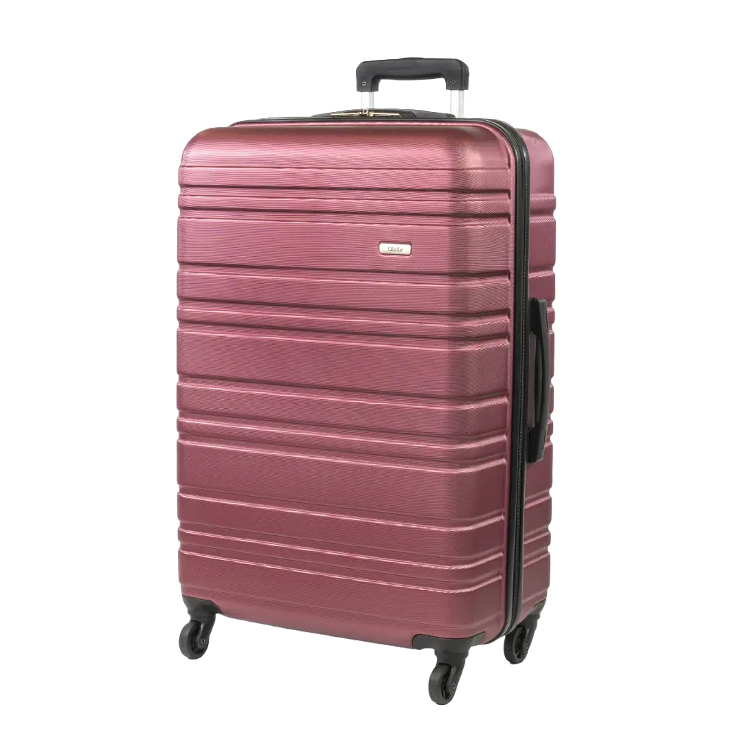 Pink suitcase with black wheels and handle on a white background