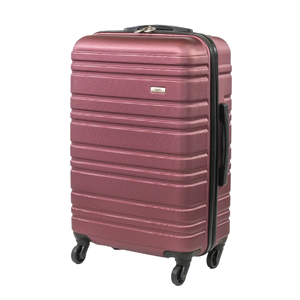 Pink suitcase with black wheels and handle on a white background