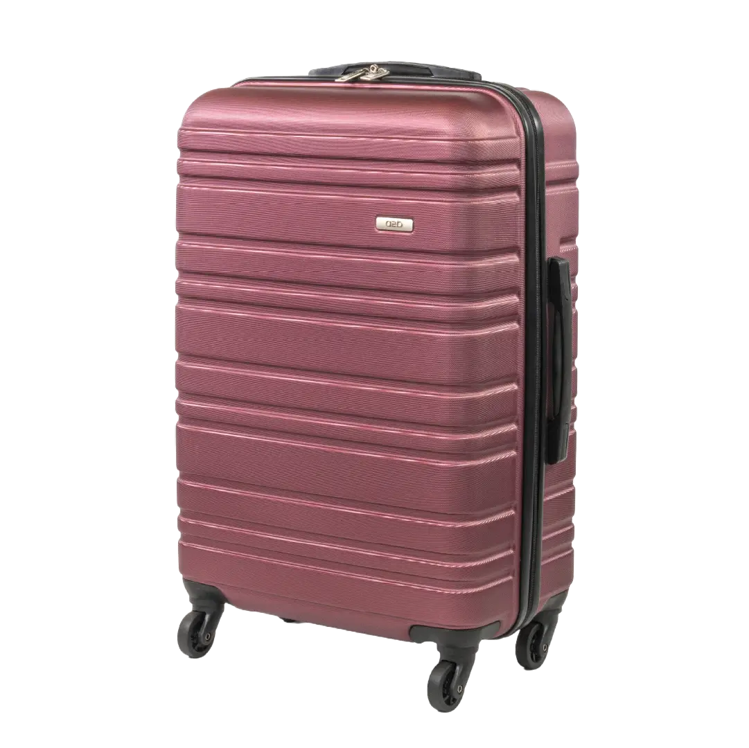 Pink suitcase with black wheels and handle on a white background