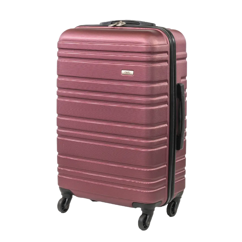 Pink suitcase with black wheels and handle on a white background