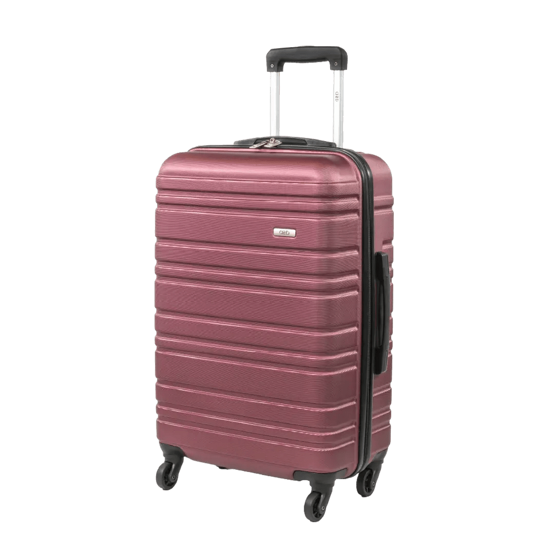 Pink suitcase with black handle and wheels on a white background