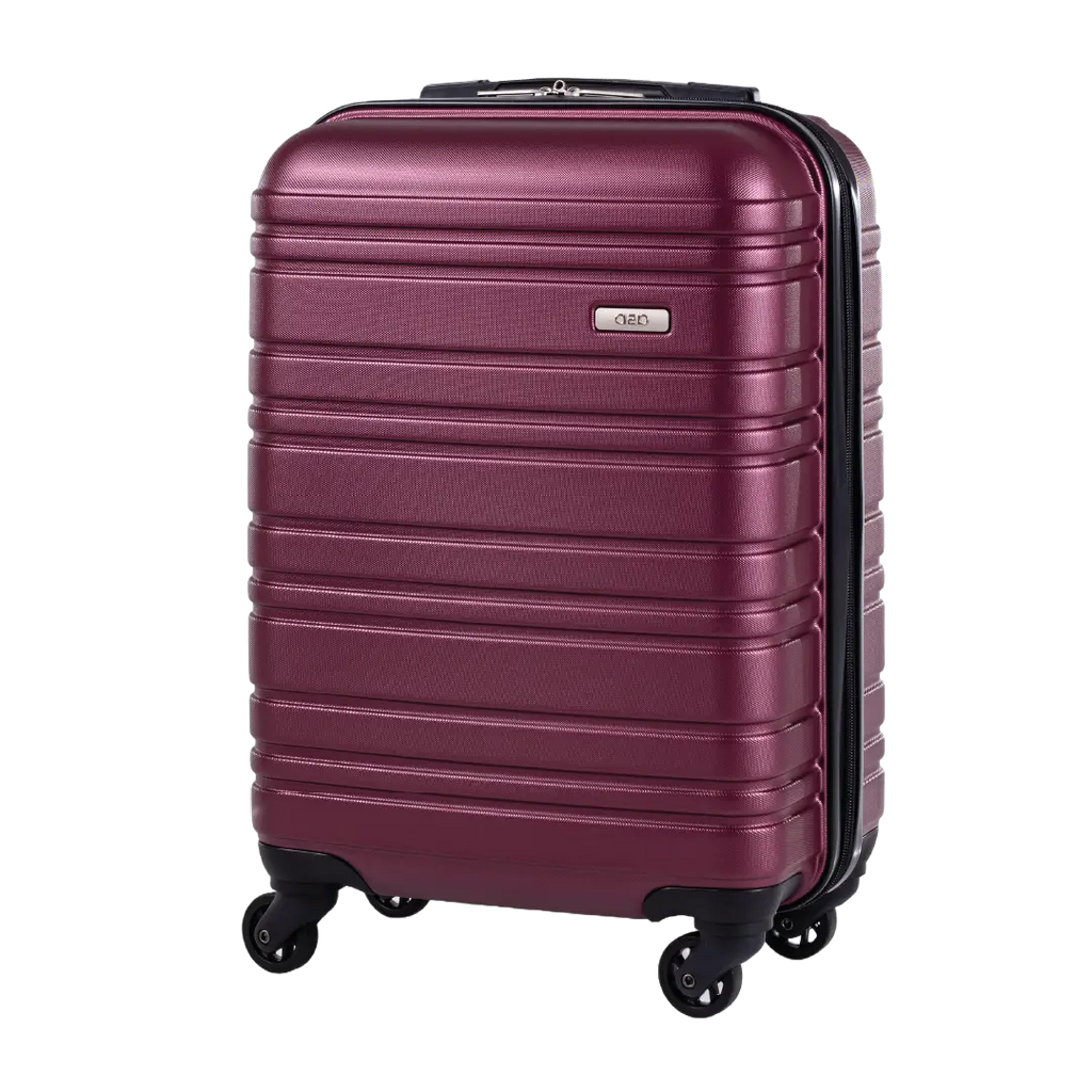 Purple suitcase with black wheels on a white background