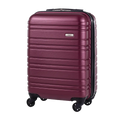 Purple suitcase with black wheels on a white background