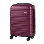 Purple suitcase with black wheels on a white background