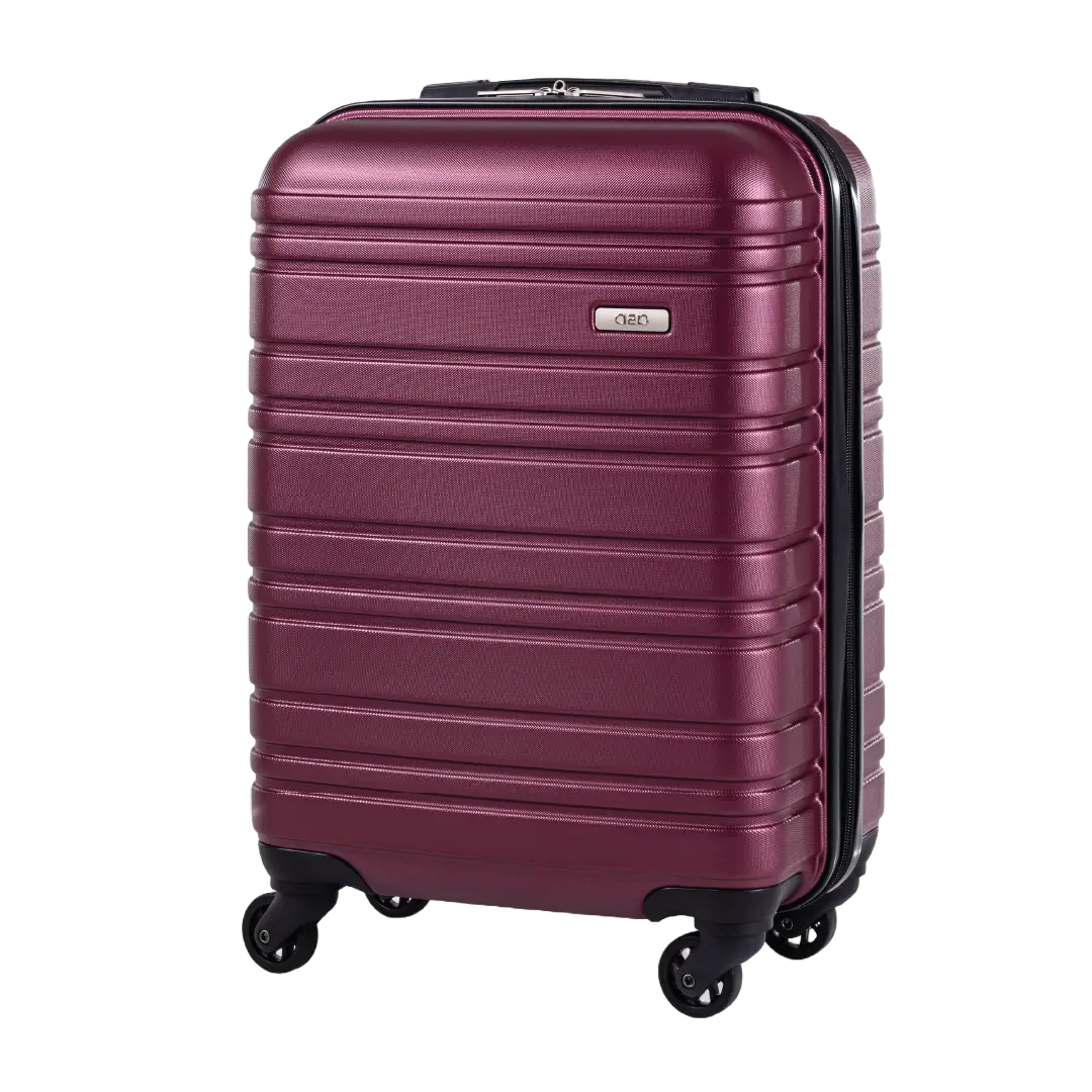 Purple suitcase with black wheels on a white background