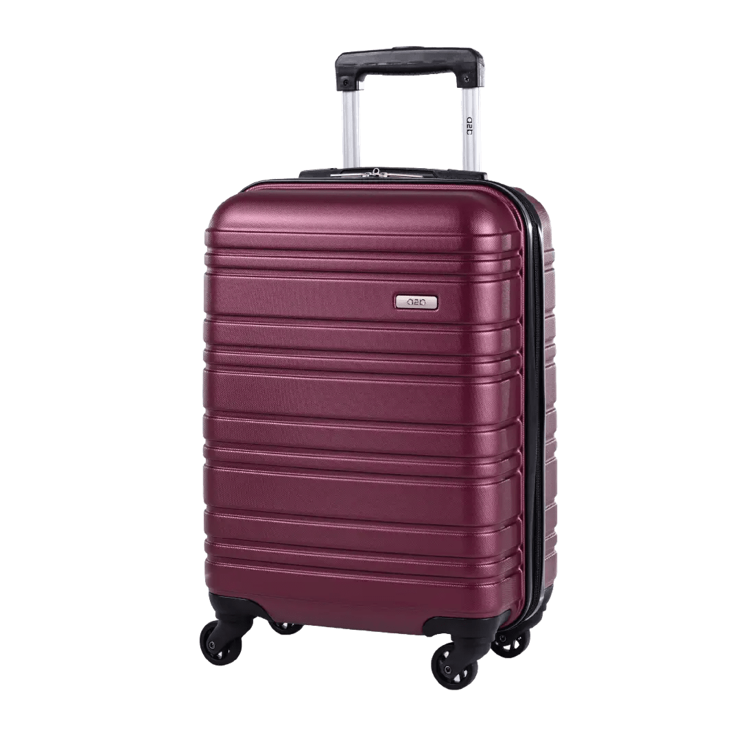 Maroon suitcase with black wheels on a white background