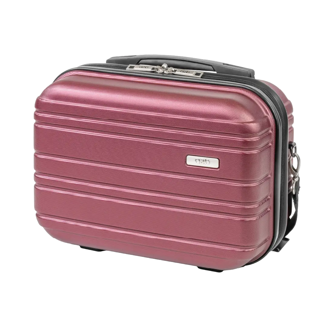 Red suitcase with a visible brand logo on a white background