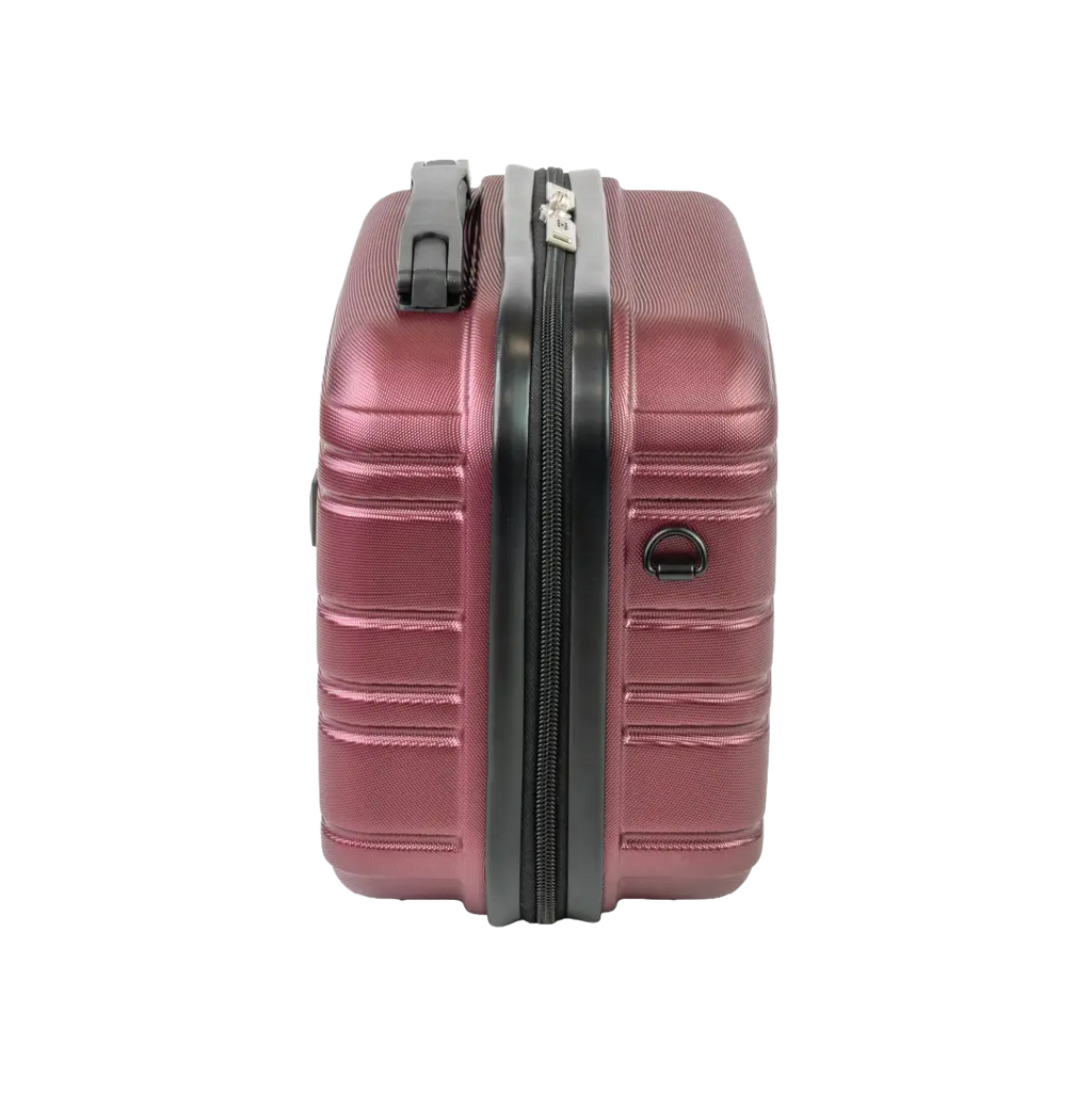 Red suitcase with a black zipper on a white background