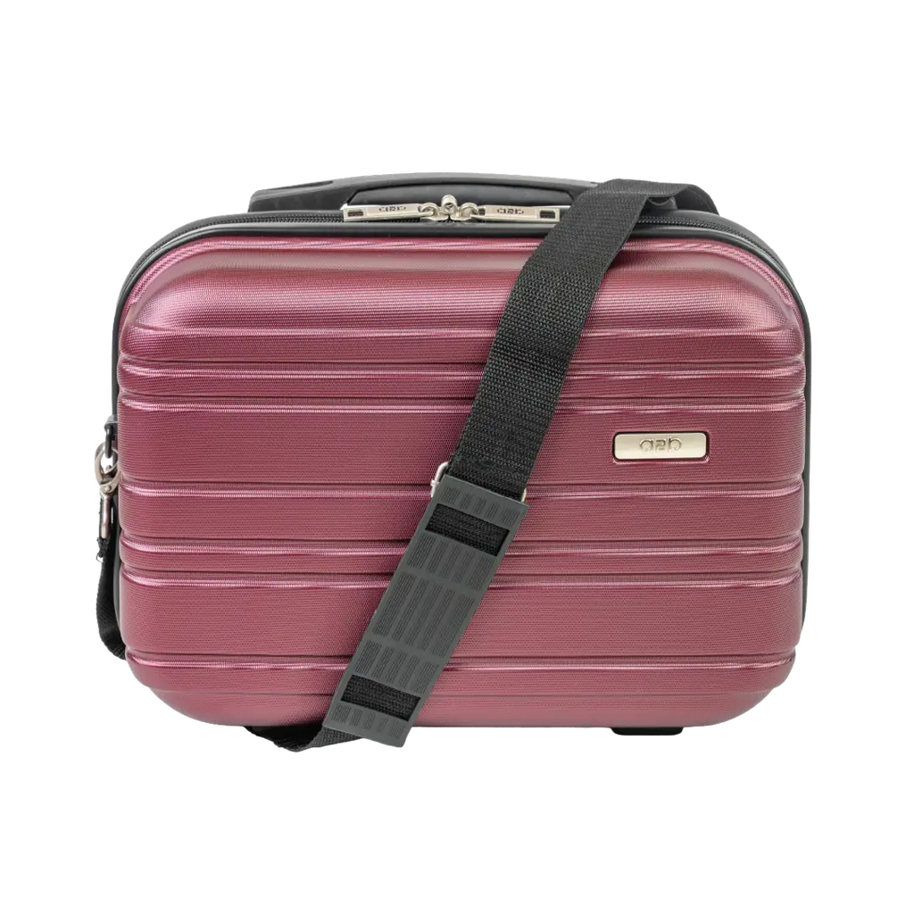 Red suitcase with a black strap on a white background
