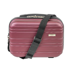 Red suitcase with a black strap on a white background