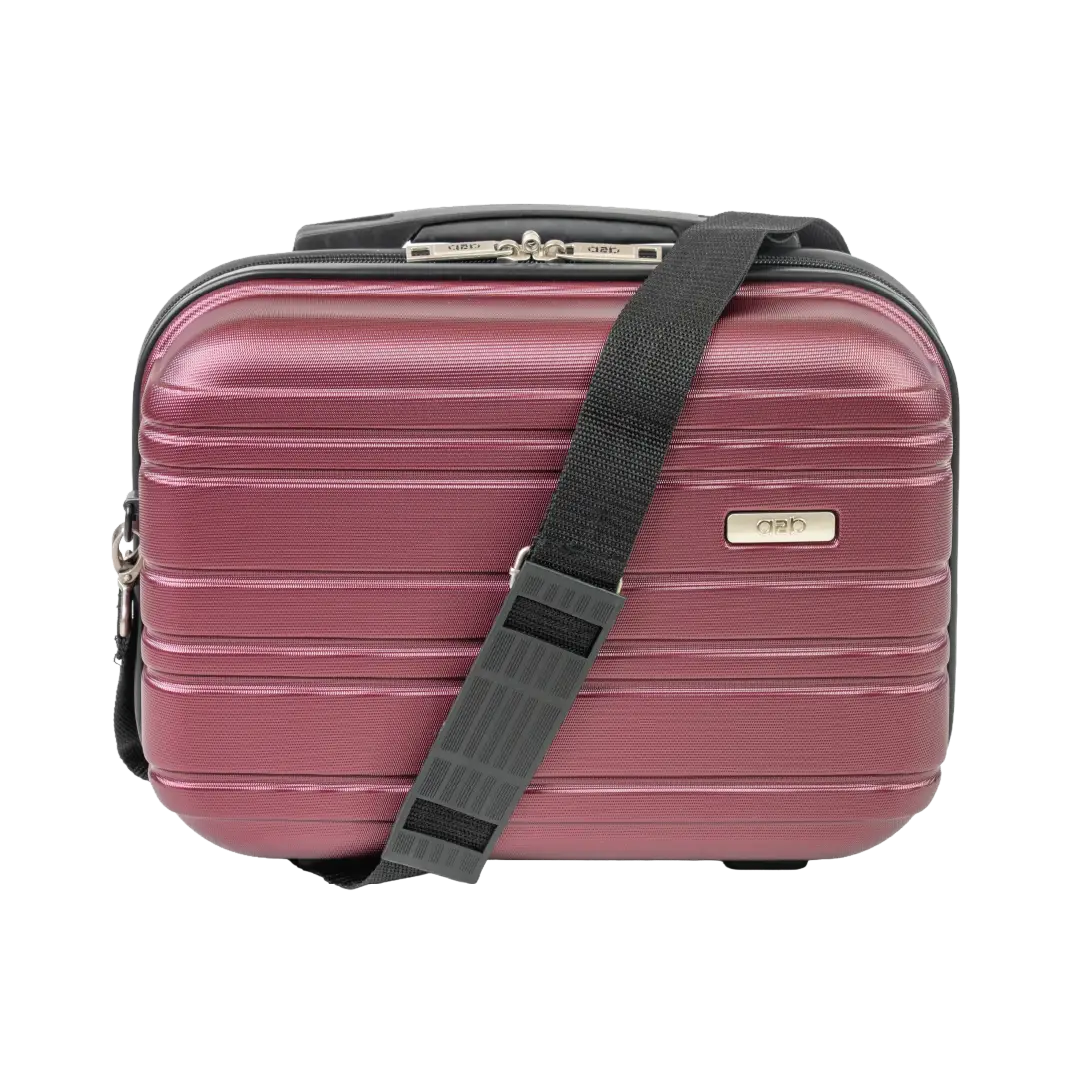 Red suitcase with a black strap on a white background