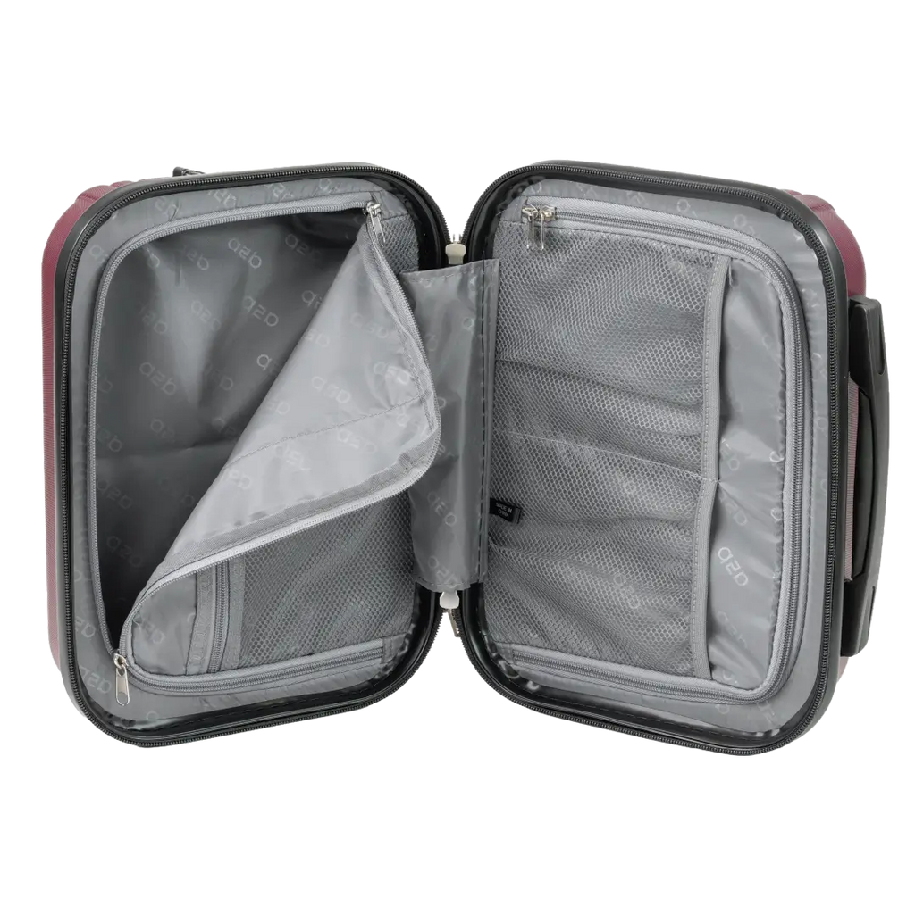 Open travel suitcase with gray interior on a white background