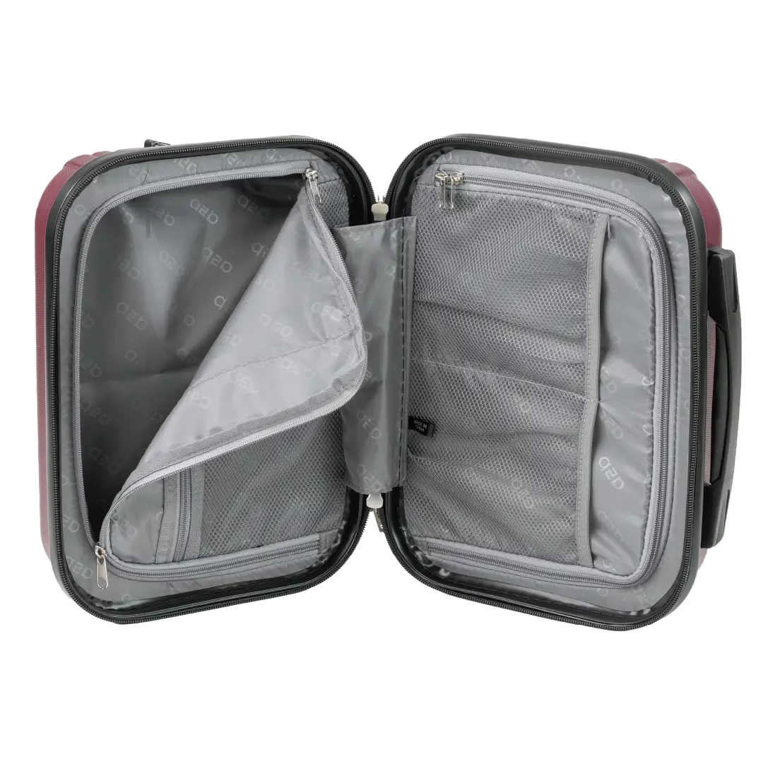 Open travel suitcase with gray interior on a white background