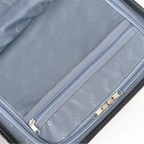 Close-up of a suitcase with a zipper, showing the brand inside.