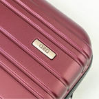Close-up of a red suitcase with a brand logo on a white background