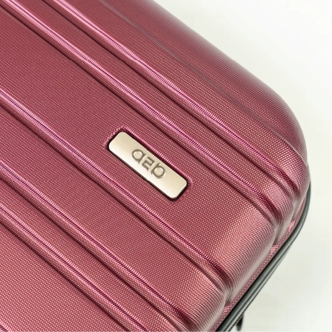 Close-up of a red suitcase with a brand logo on a white background