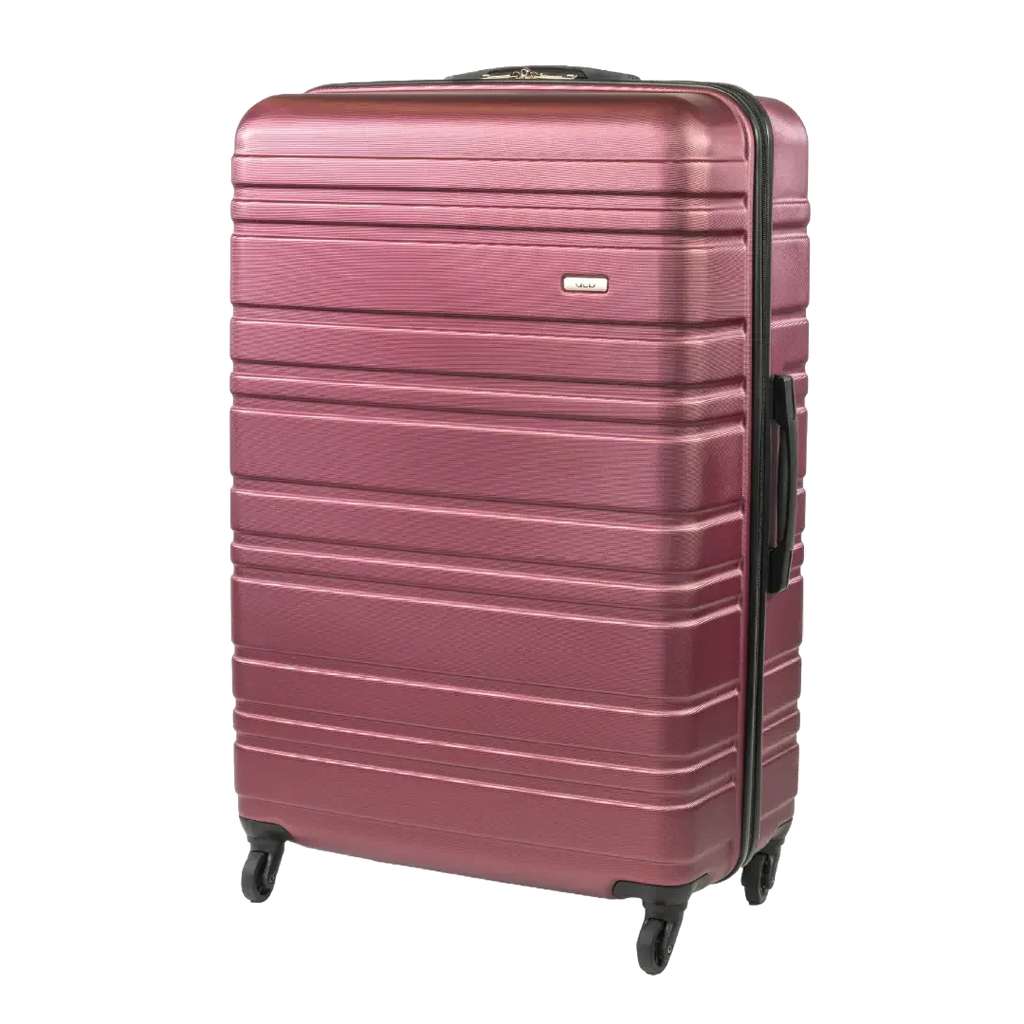 Maroon suitcase with black handle and wheels on a white background