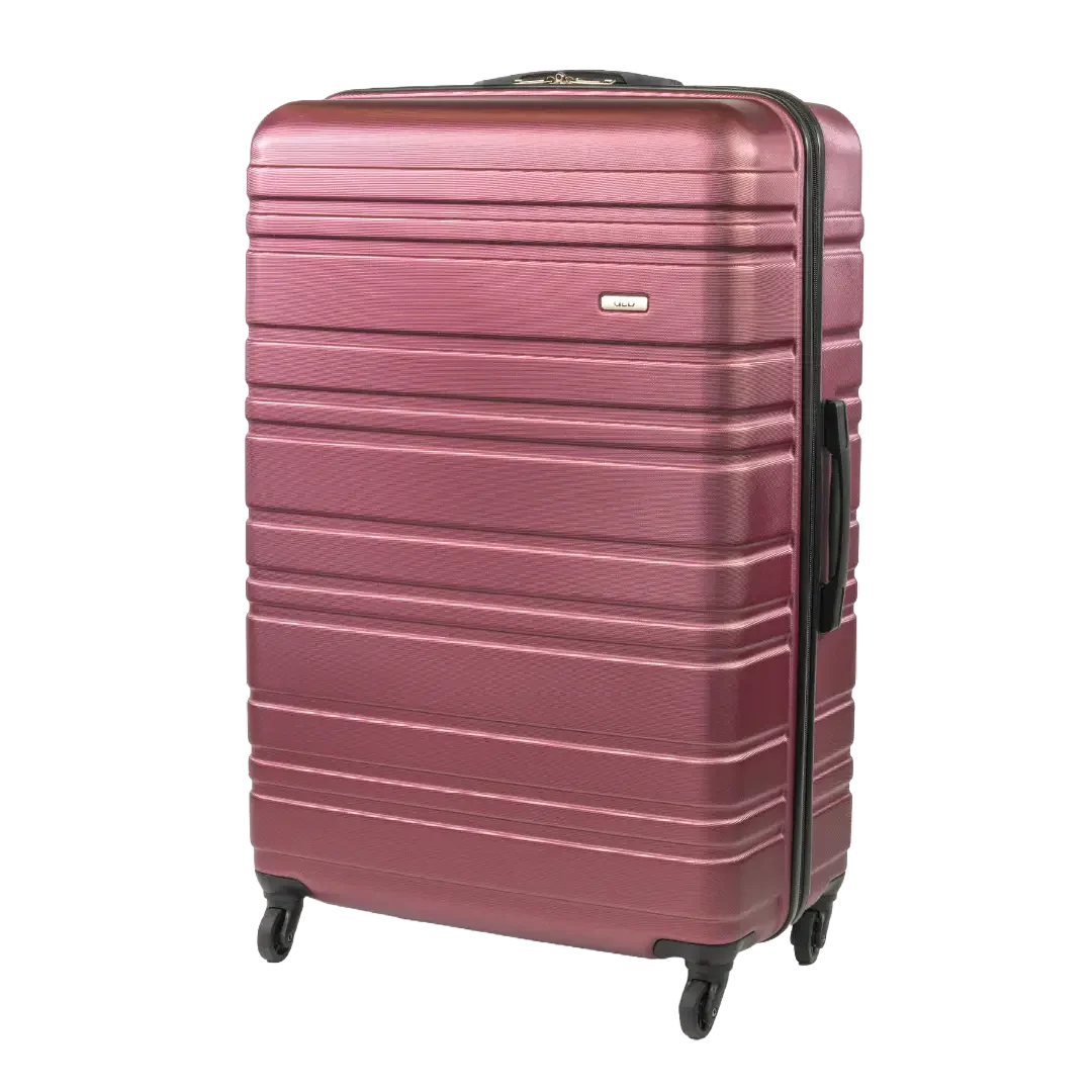 Maroon suitcase with black handle and wheels on a white background