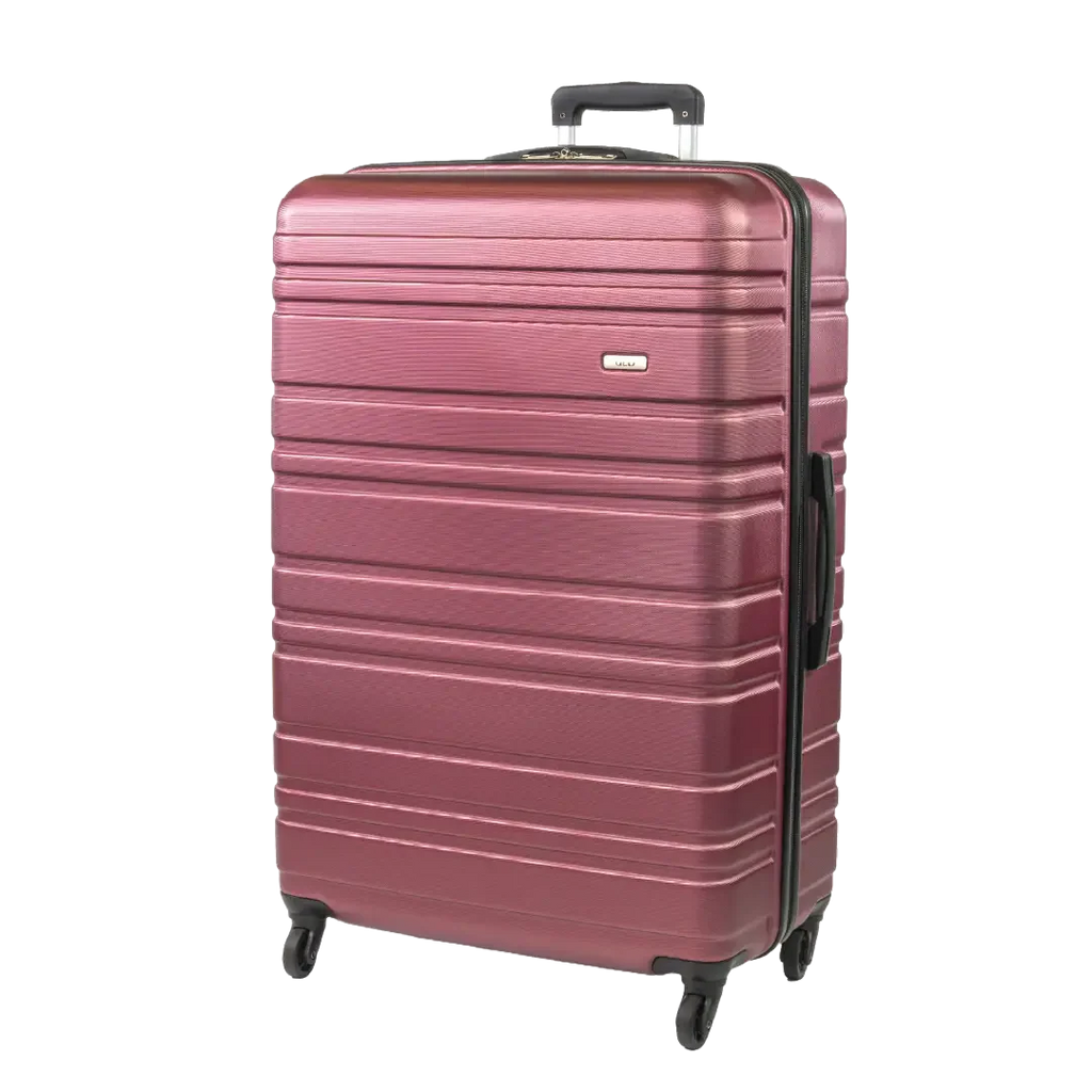 Maroon suitcase with black handle and wheels on a white background