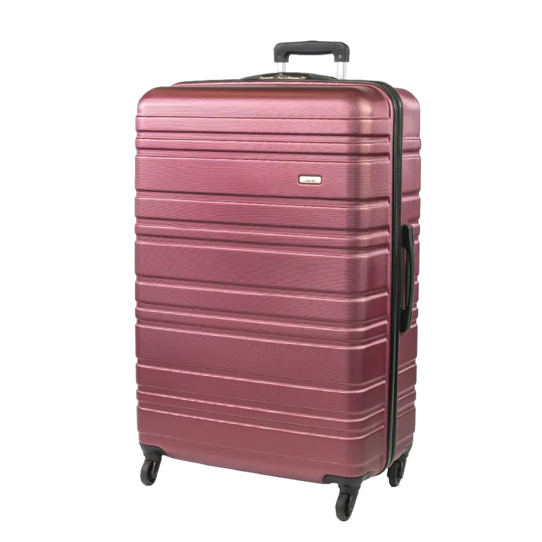 Maroon suitcase with black handle and wheels on a white background