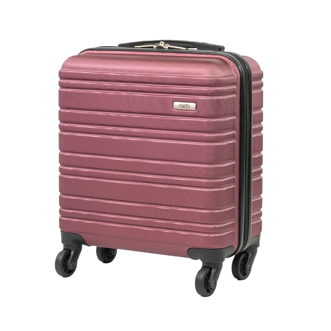 Pink suitcase with black wheels on a white background