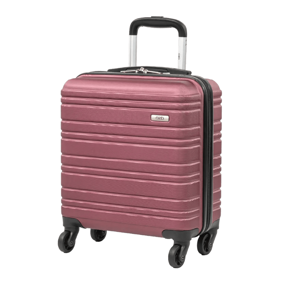 Pink suitcase with black wheels and handle on a white background