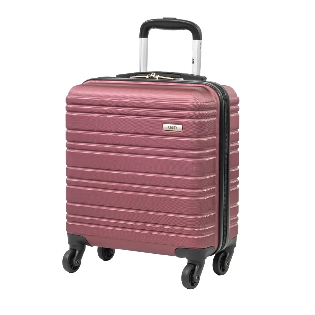 Pink suitcase with black wheels and handle on a white background
