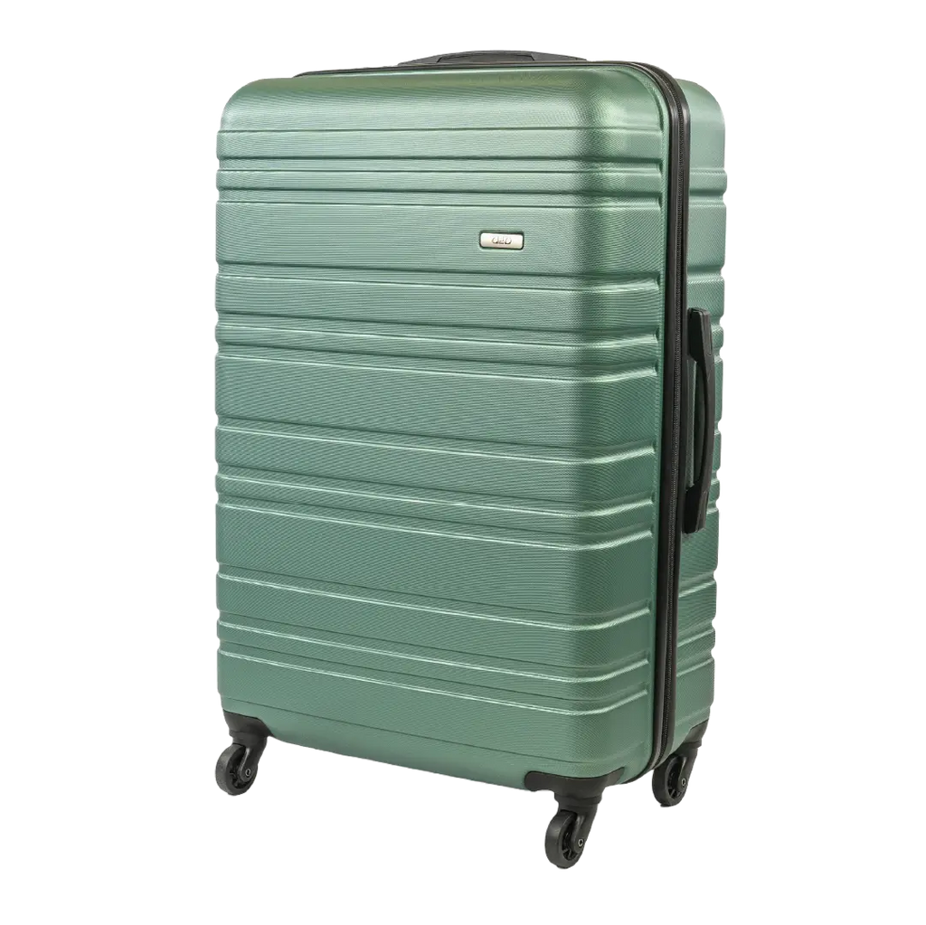 Green suitcase with black handle and wheels on a white background