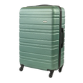 Green suitcase with black handle and wheels on a white background