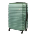 Green suitcase with black handle and wheels on a white background