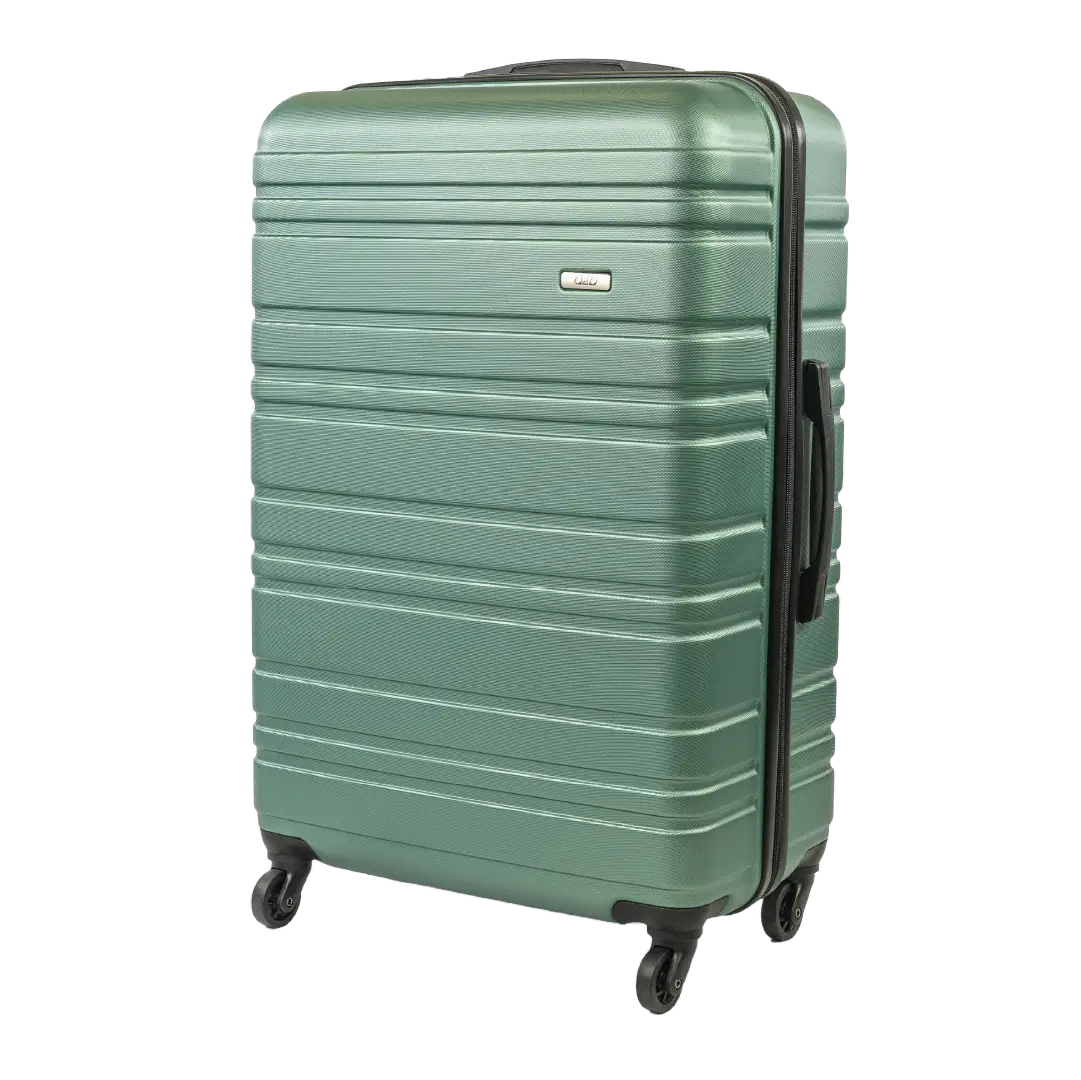 Green suitcase with black handle and wheels on a white background
