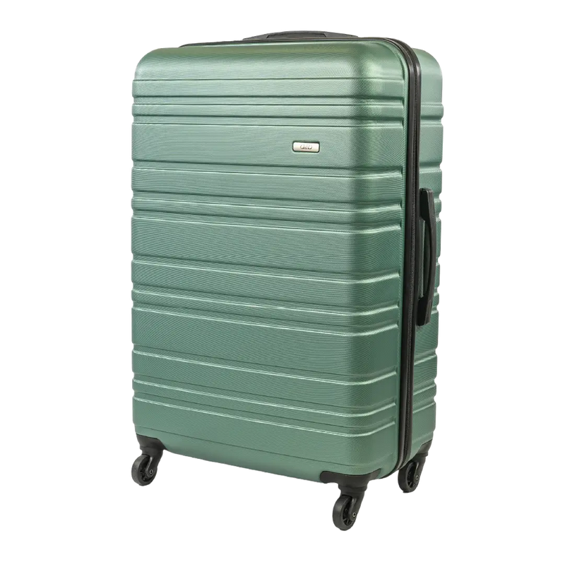 Green suitcase with black handle and wheels on a white background