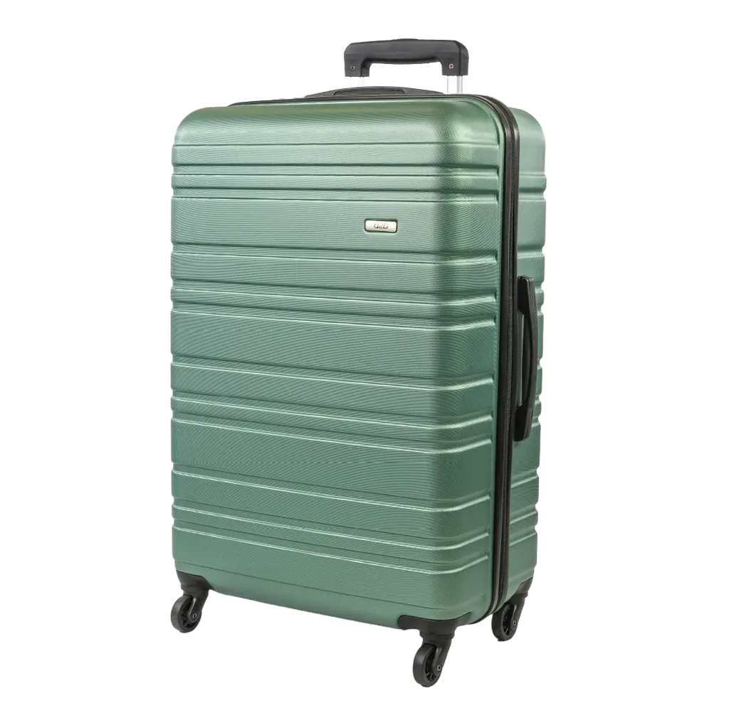 Green suitcase with black handle and wheels on a white background