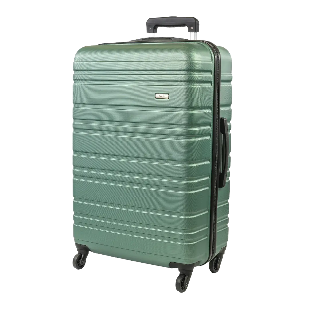 Green suitcase with black handle and wheels on a white background