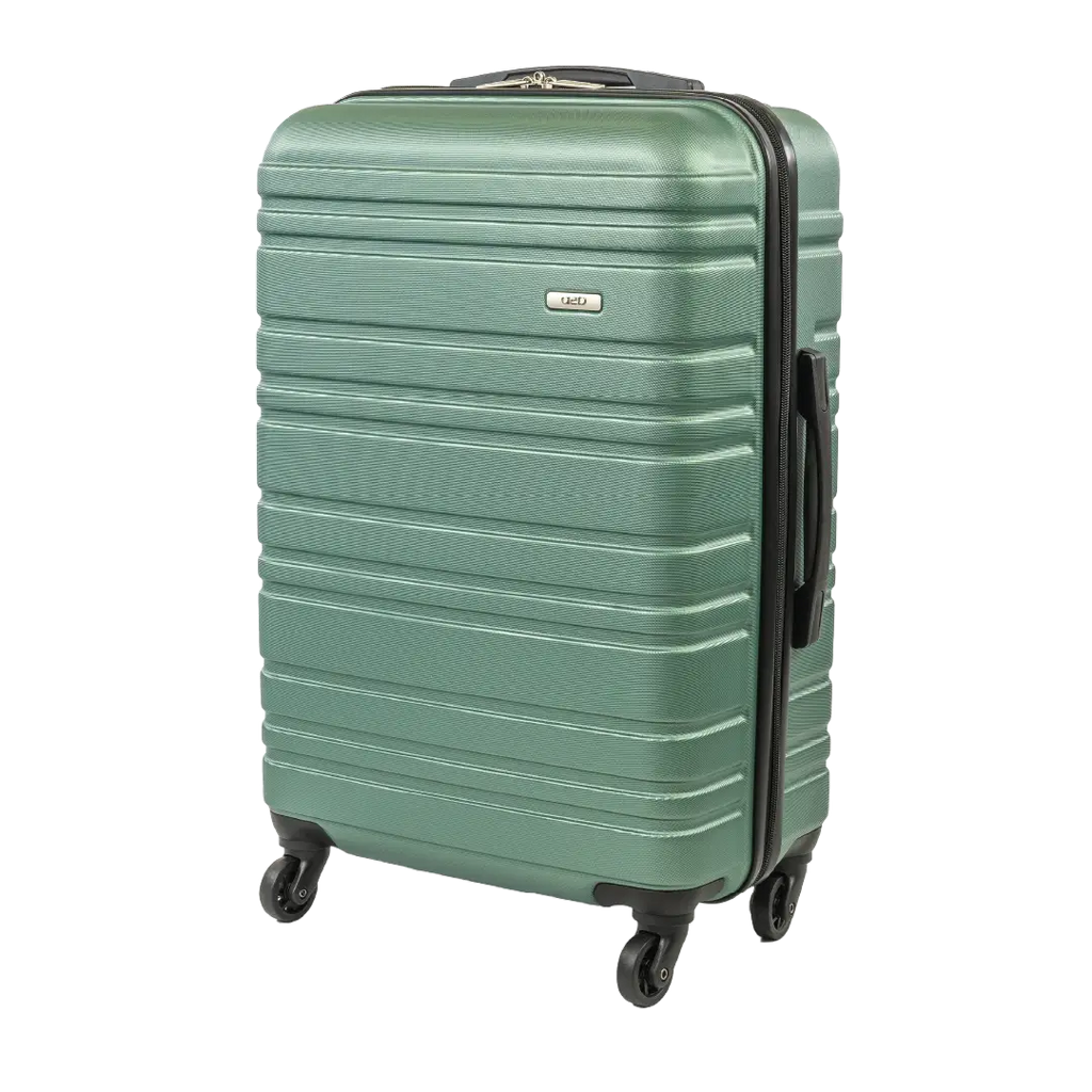 Green suitcase with a visible brand logo on a white background