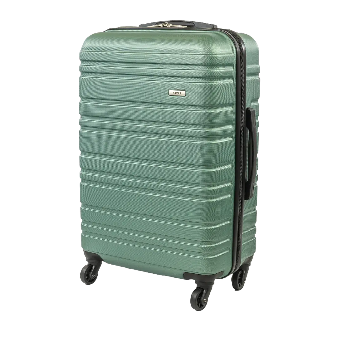 Green suitcase with a visible brand logo on a white background