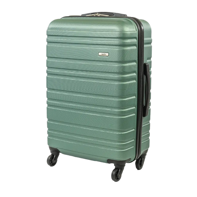 Green suitcase with a visible brand logo on a white background