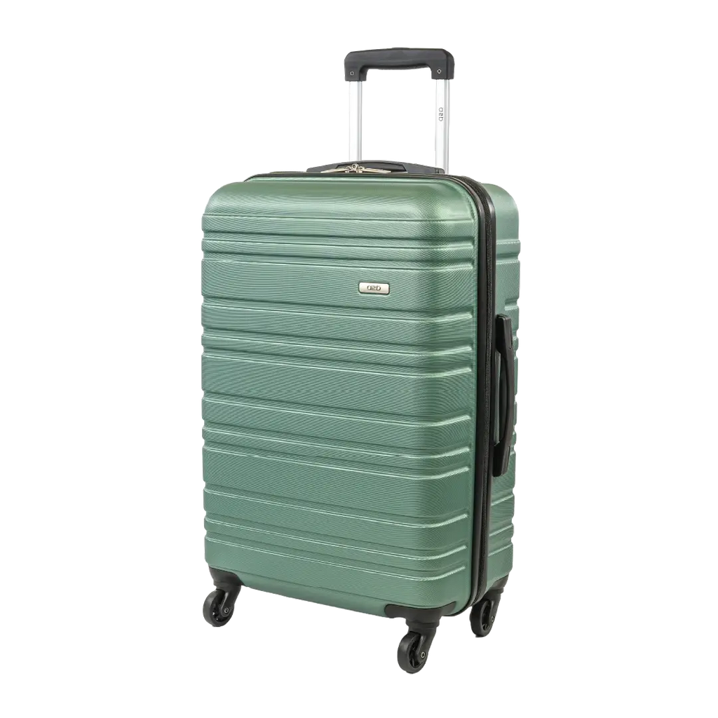 Green suitcase with a black handle on a white background