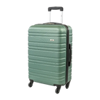 Green suitcase with a black handle on a white background