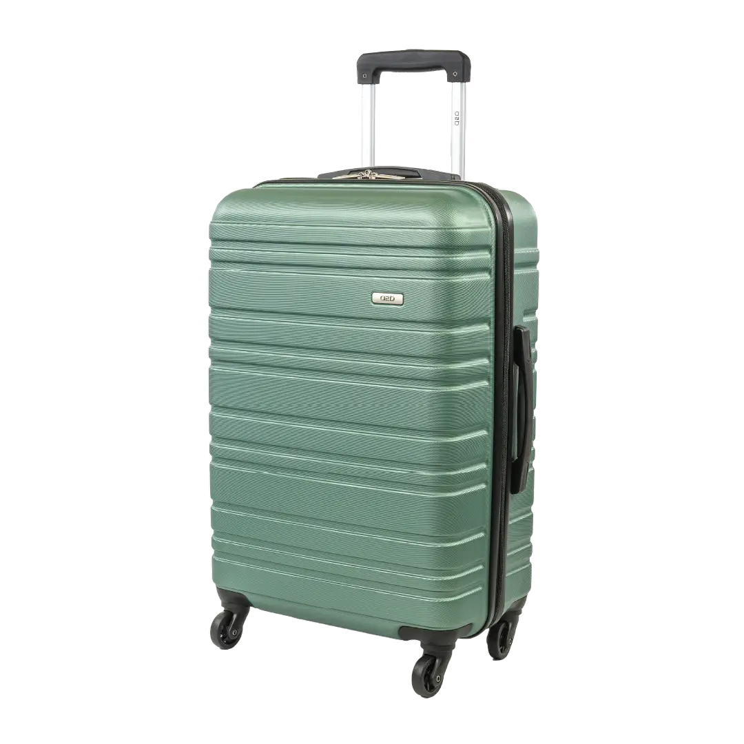 Green suitcase with a black handle on a white background