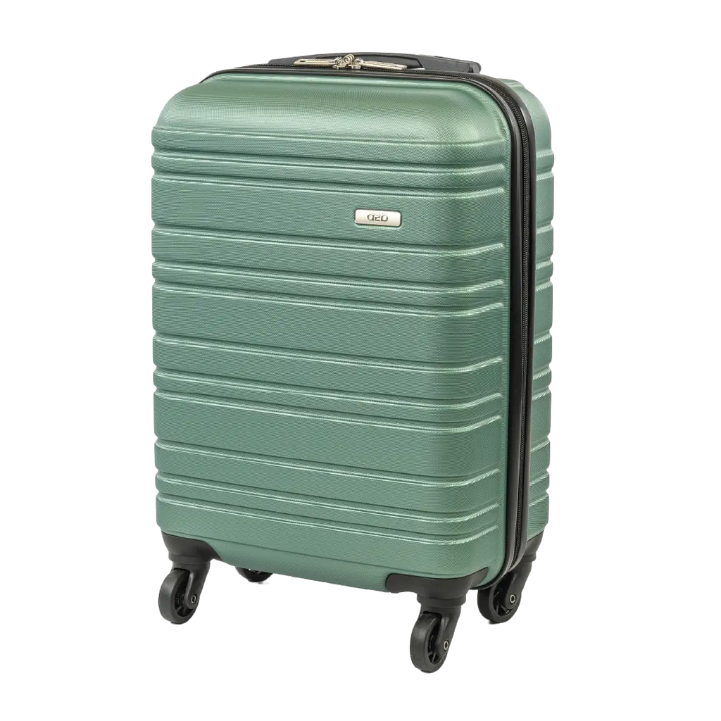 Green suitcase with a visible brand logo on a white background