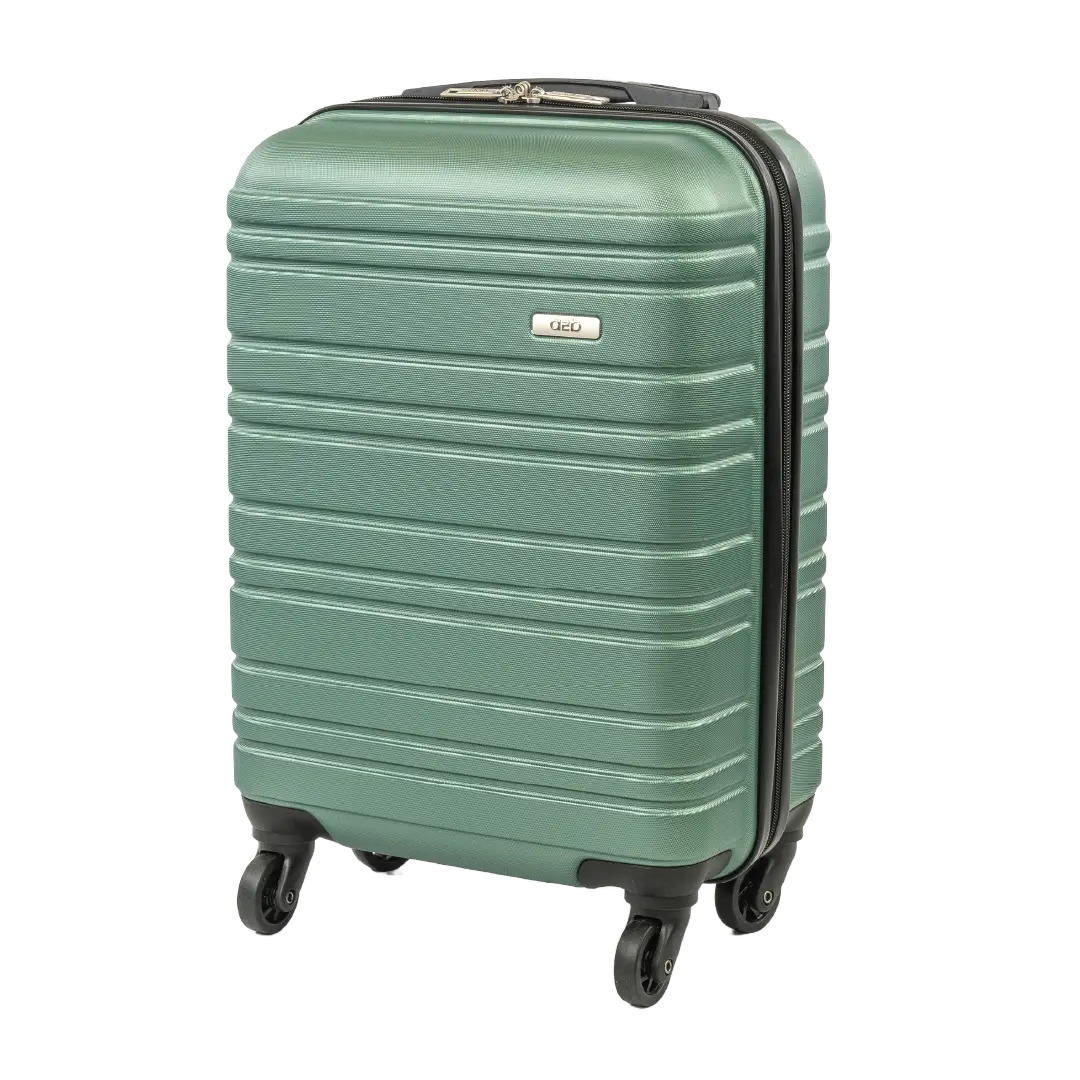 Green suitcase with a visible brand logo on a white background