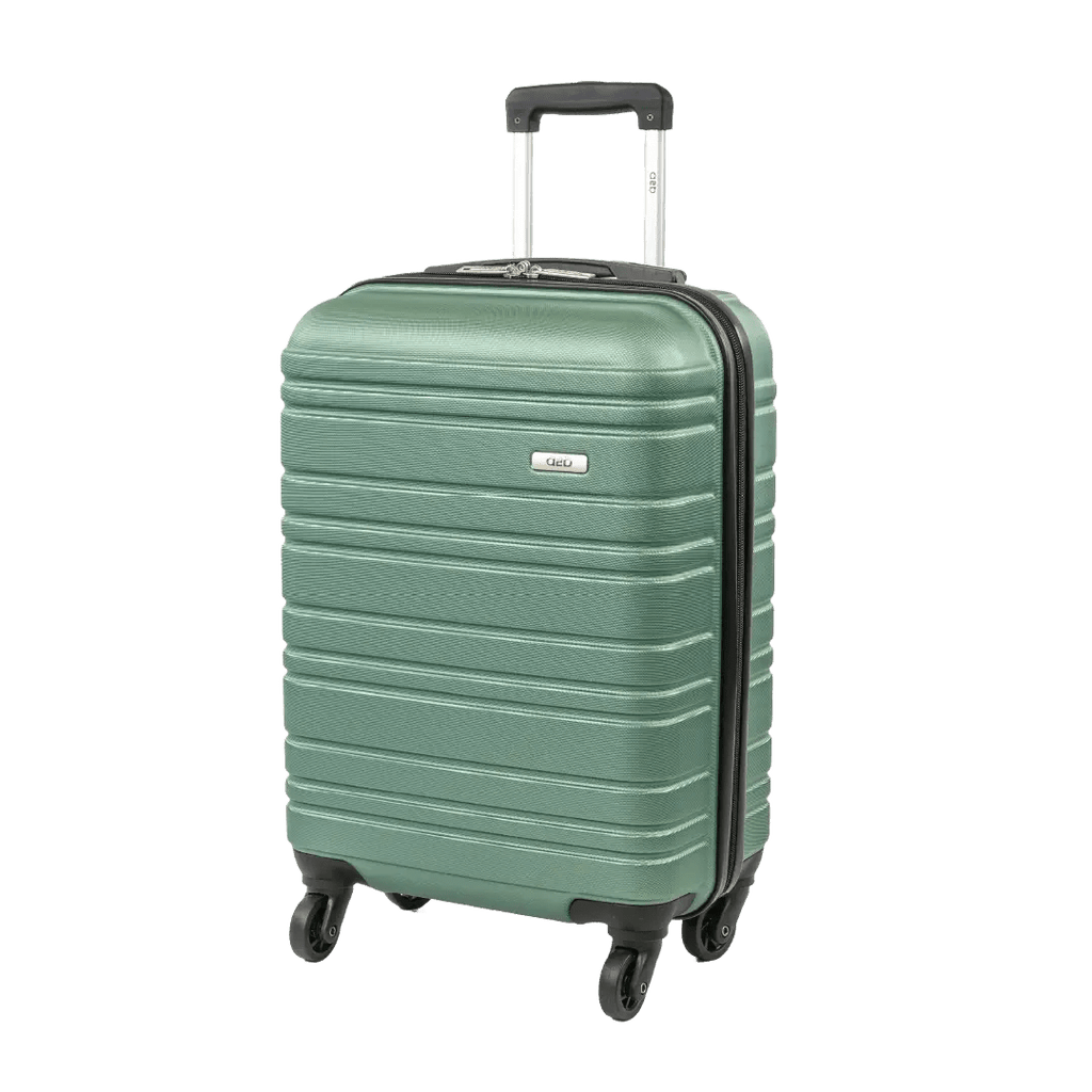 Green suitcase with a visible brand logo on a white background