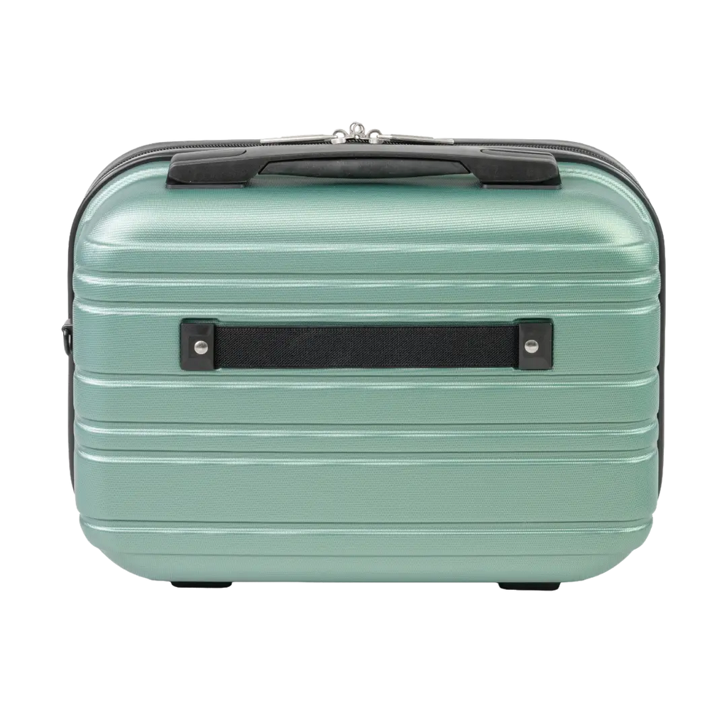 Mint green suitcase with black handle on a white background