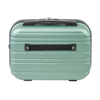Mint green suitcase with black handle on a white background