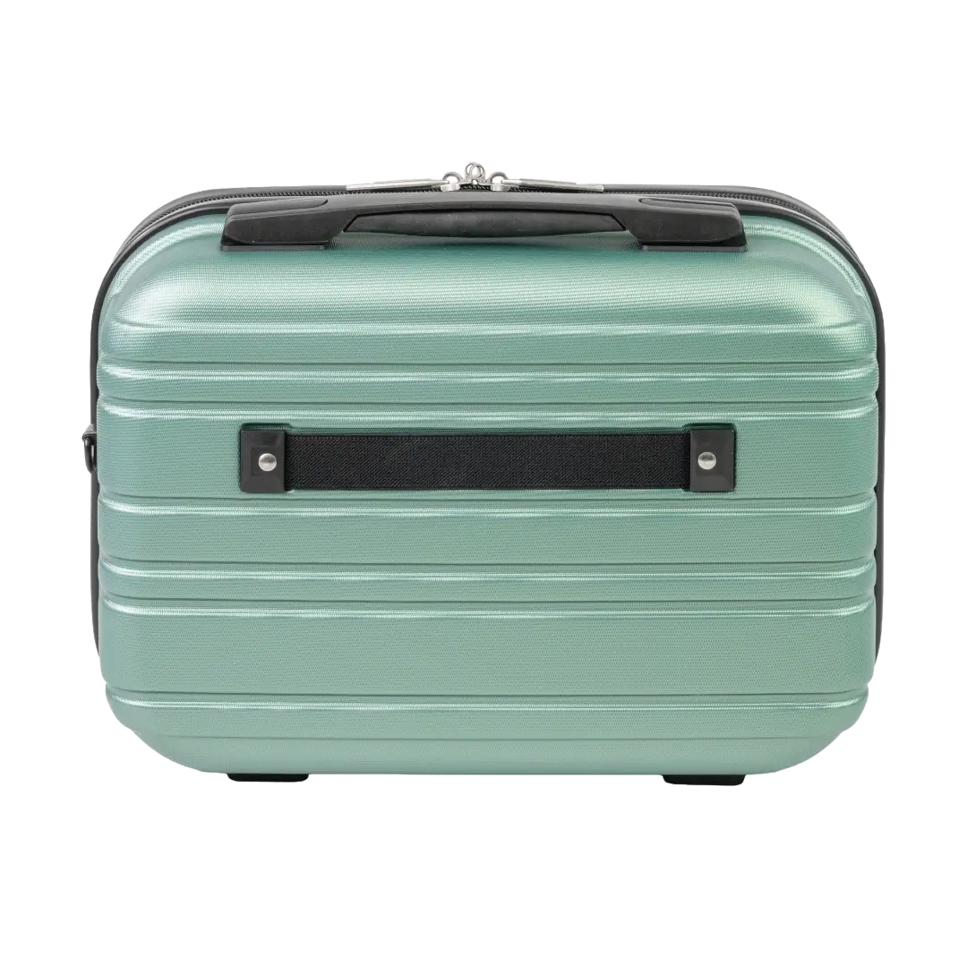 Mint green suitcase with black handle on a white background