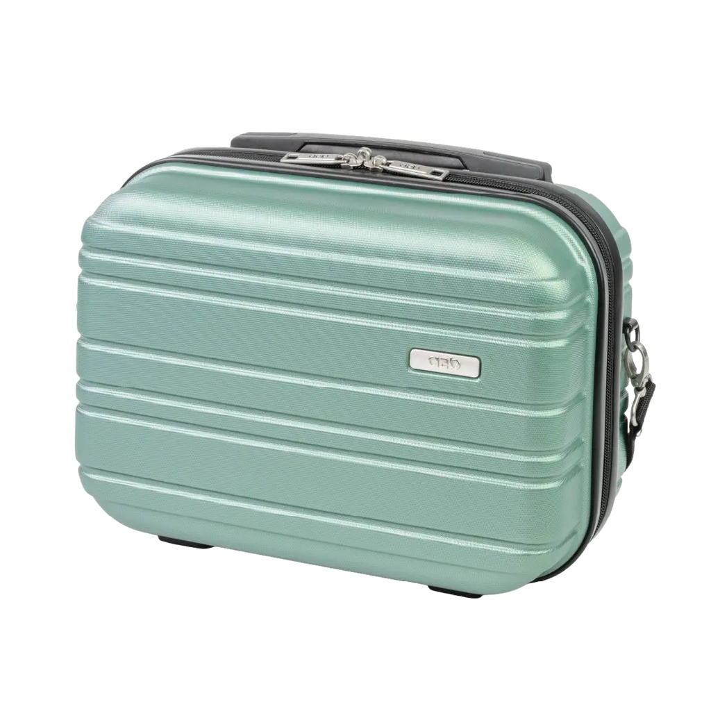 Mint green suitcase with a visible brand logo on a white background