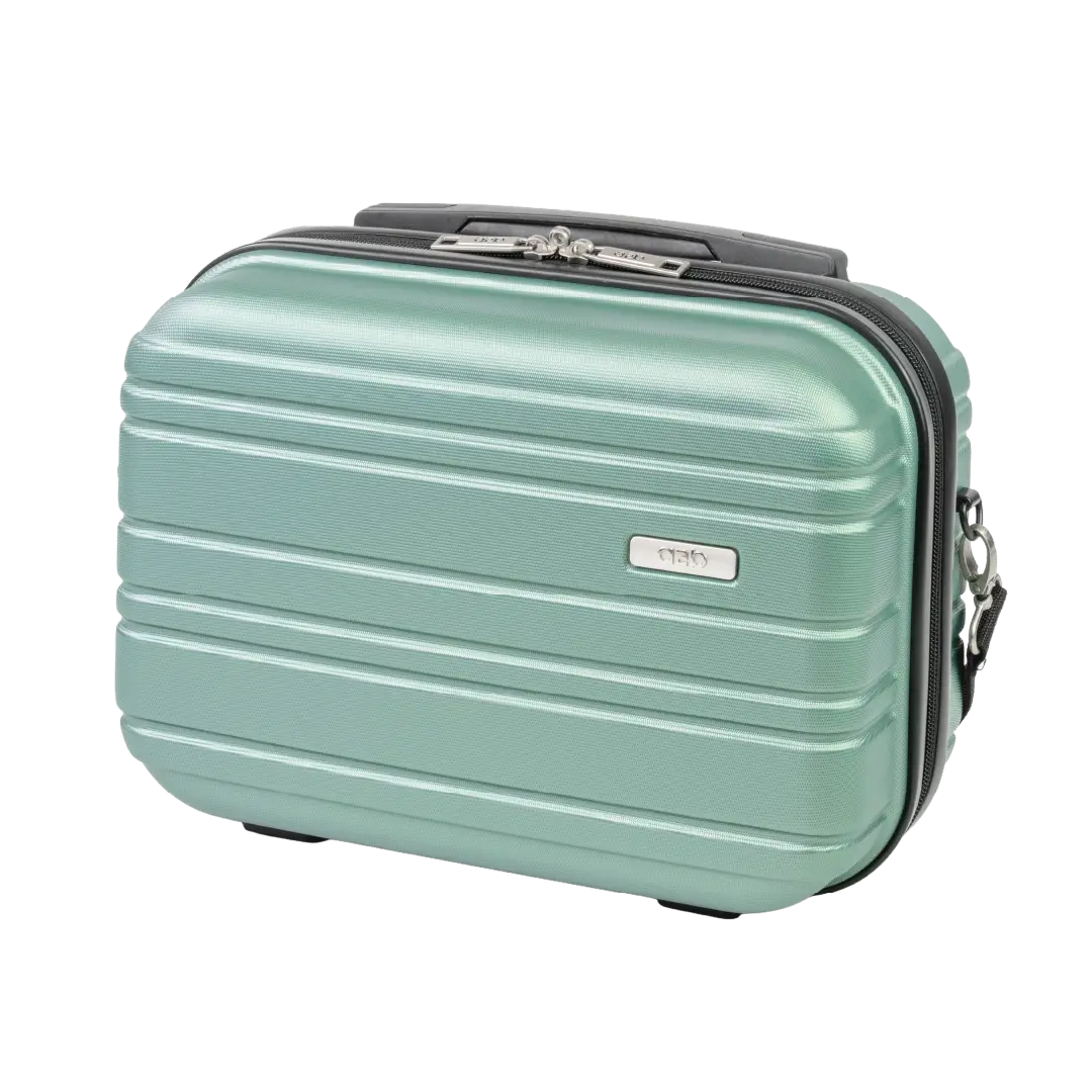 Mint green suitcase with a visible brand logo on a white background