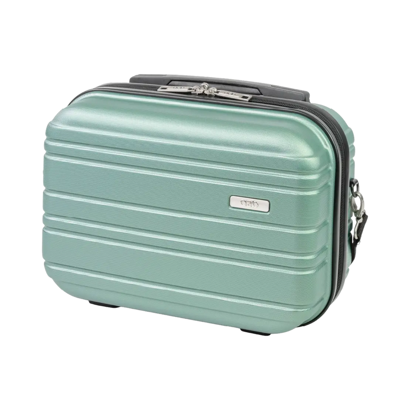Mint green suitcase with a visible brand logo on a white background