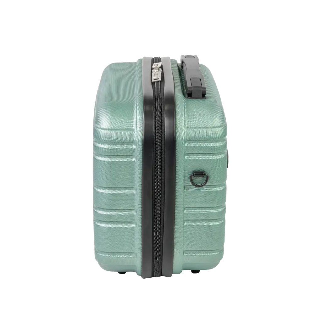Mint green suitcase with a black zipper on a white background